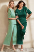 Contrast Trim Textured Knit Half Sleeve Drop Shoulder Drawstring Waist Wide Leg Two Piece Pant Set